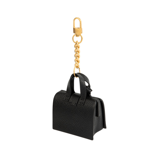 Image 2 of 2 - BLACK - THOM BROWNE Soft Caviar Agneau Mr. Thom Charm featuring a miniature version of the Mr. Thom bag crafted in soft pebble grain lamb leather, complete with top handles, a gold-tone button closure and loop chain with clasp fastening. L 6 x W 3.5 x H 7 cm. 100% lamb leather. Made in Italy.