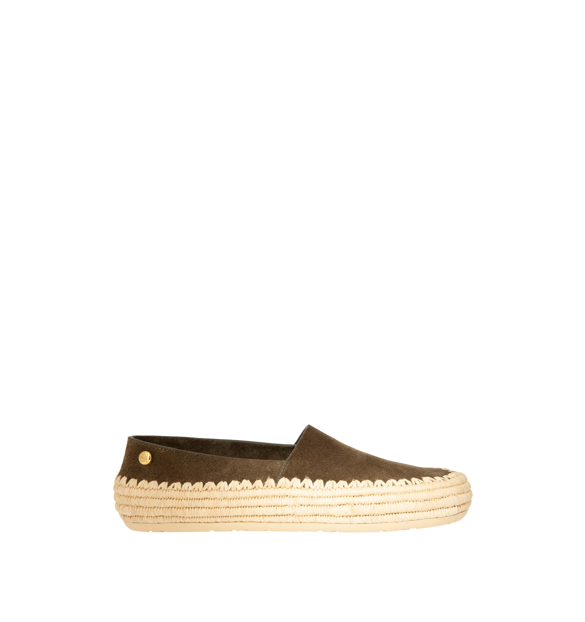 Image 1 of 4 - GREEN - Loewe Mens Slippers are crafted from suede and raffia. Feature handcrafted raffia embroidery, rounded toe, engraved Anagram pebble detail, padded leather insole, embossed Anagram rubber outsole, and a 0.5 cm heel height. Main Material: Suede, Raffia. Made in Spain.