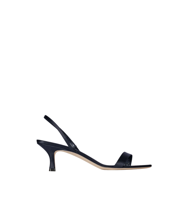Image 1 of 4 - NAVY - THE ROW Ella Kitten Slingback Heel featuring heeled sandal in satin with almond toe, slim heel and toe straps with concealed elastic band and leather sole. 2 in. heel. 72% viscose, 28% silk. Lined in 100% lambskin leather. Calfskin leather sole. Made in Italy.