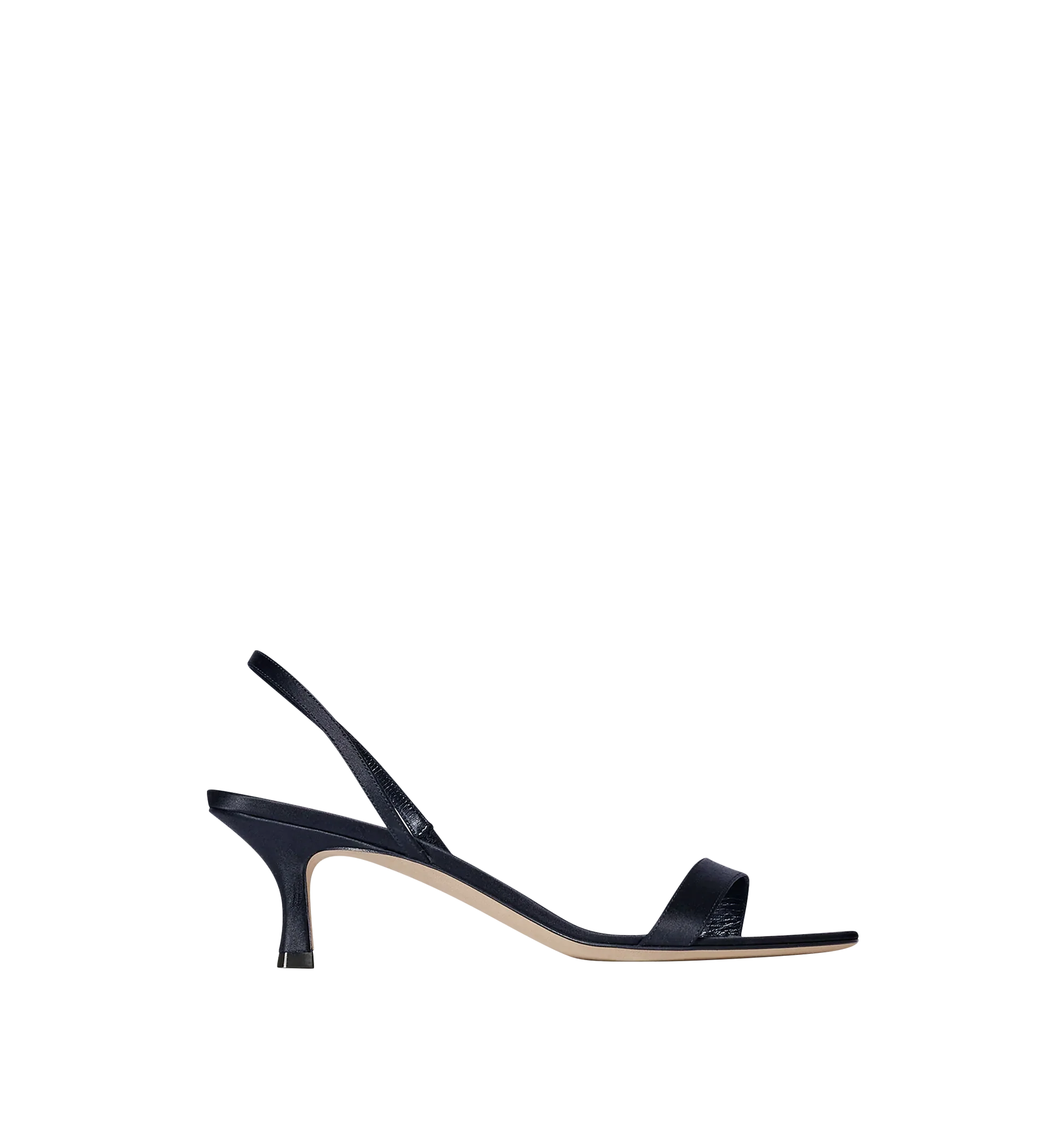 Image 1 of 5 - NAVY - The Row Women's Ella Kitten Slingback Heel featuring heeled sandal in satin with almond toe, slim heel and toe straps with concealed elastic band and leather sole. 2 in. heel. 72% viscose, 28% silk. Lined in 100% lambskin leather. Calfskin leather sole. Made in Italy.