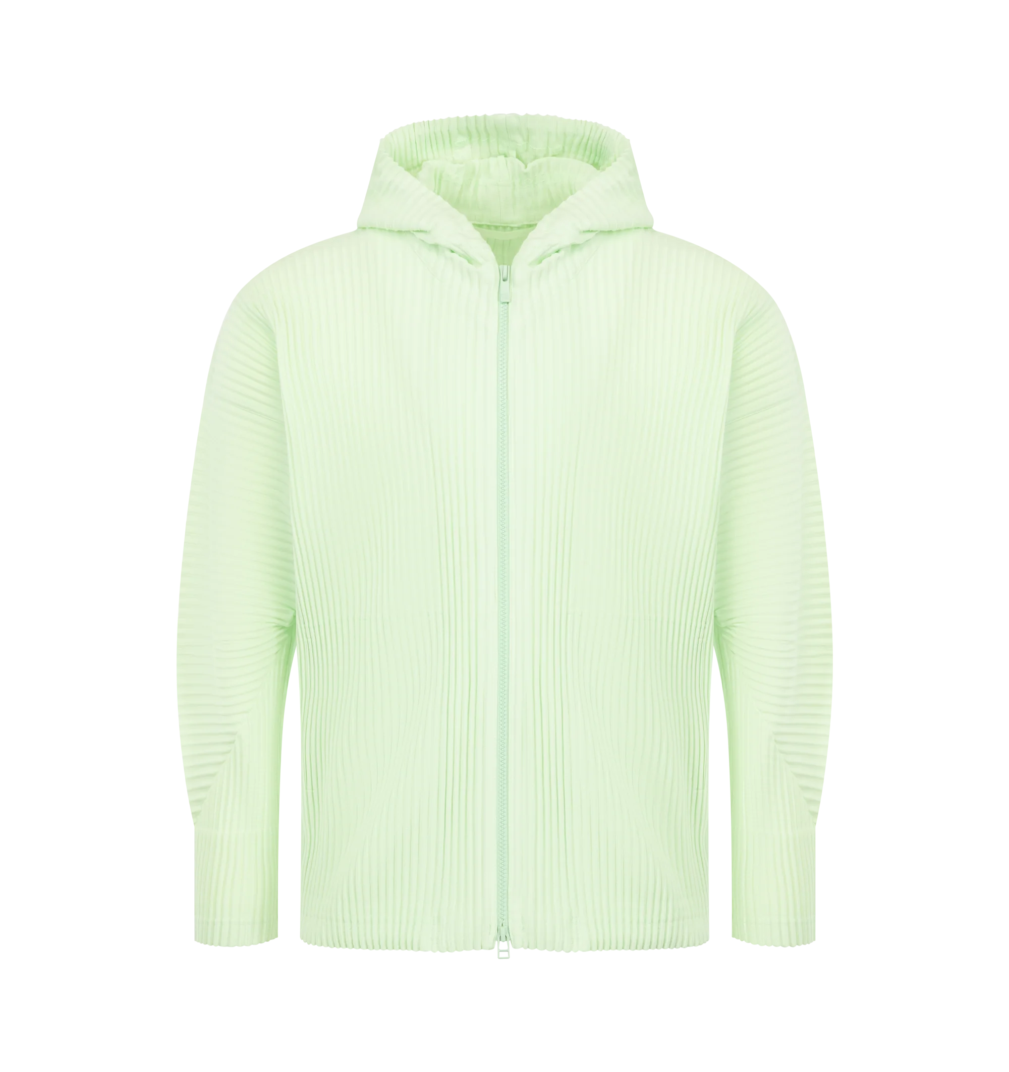 Image 1 of 3 - GREEN - Issey Miyake Mens Zip-Up Hoodie is crafted from lightweight polyester. Features a hood, double-zip front closure, side pockets, collar loop, and quick-drying fabric with a light-reactive finish that creates a dimensional appearance. Main Material: 100% Polyester. Made in Japan.