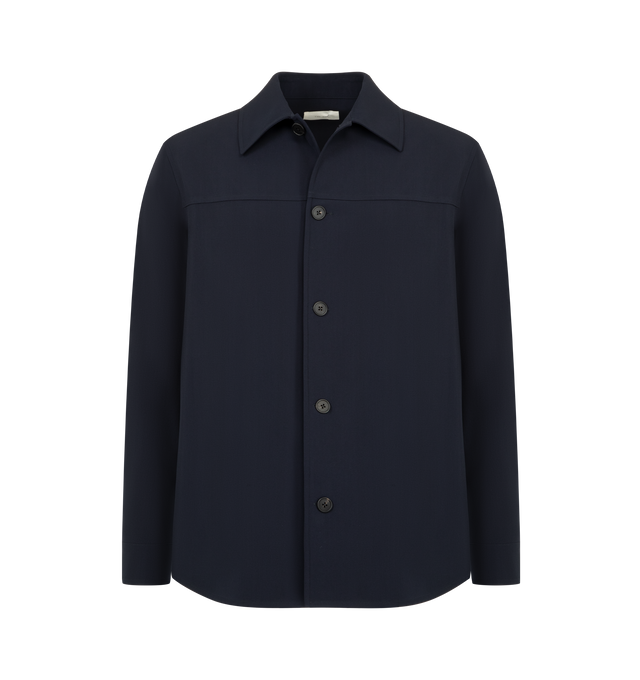Image 1 of 3 - NAVY - THE ROW Oslo Jacket featuring collared jacket in lightweight suiting with loose fit, pressed center back pleat, slightly curved hem and horn button closure. 55% linen, 45% viscose. Made in Italy.