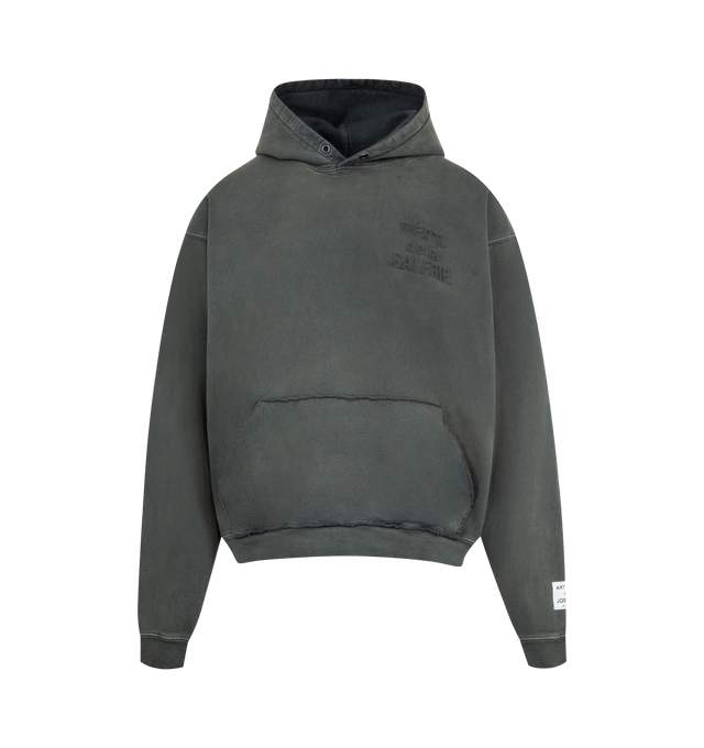 Image 1 of 3 - GREY - GALLERY DEPT Embossed Sweatshirt featuring hooded neckline, embossed logo print on front, kangaroo pocket, long sleeves, ribbed cuffs and hem and pullover style. Cotton. Made in USA.