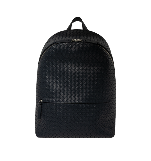 Image 1 of 3 - BLACK - Bottega Veneta Men's Backpack is crafted in silky calfskin leather. Featuring a backside in padded mesh with quilted Intreccio pattern, Single exterior front zipped pocket, Interior padded laptop compartment, Zipper closure, Lining: Nylon. Hardware: Silver finish. Made in: Italy