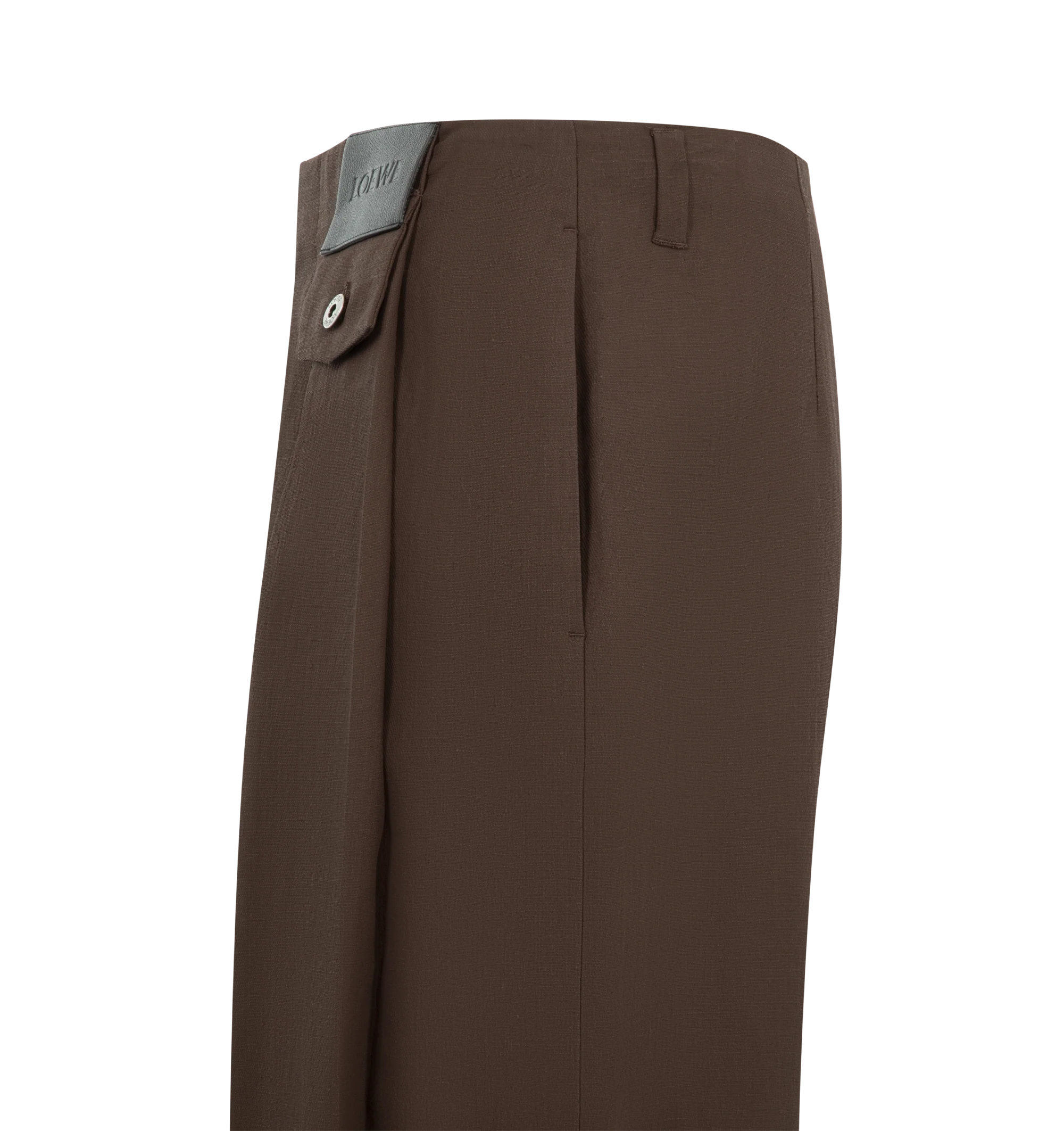 Image 3 of 3 - BROWN - LOEWE PAULA'S IBIZA Trousers in lightweight double face cotton linen featuring pleats at the front, relaxed fit, regular length, mid waist, straight leg, concealed zip fly, buttoned coin pocket, seam pockets, rear patch pocket and LOEWE embossed leather patch placed at the front. Linen/cotton. Made in Italy.