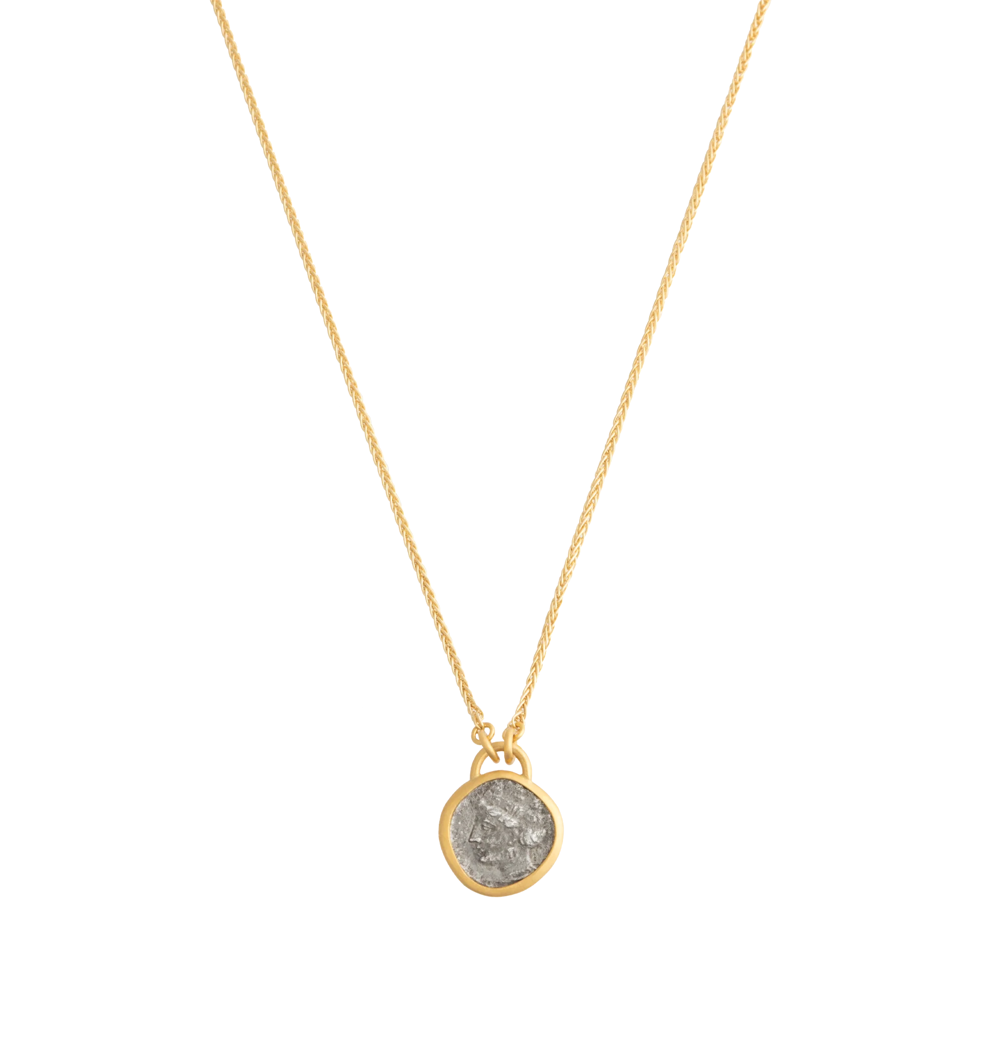 Image 1 of 1 - GOLD - Eli Halili Ancient Kilikia Coin Necklace is handcrafted in 22K gold and features an authentic ancient silver obol from Kilikia (Cilicia), dating to the 4th century BC. The obverse depicts the youthful head of Herakles wearing a lion skin and facing left, with an "X" in the left field, while the reverse features a female head, possibly representing Aphrodite. Suspended from a 17.5-inch 18K gold chain, this one-of-a-kind fine jewelry necklace combines ancient history with Eli Halili's