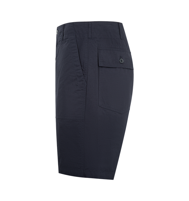 Image 3 of 3 - NAVY - ENGINEERED GARMENTS Fatigue Shorts featuring lightweight cotton ripstop fabric, two large fatigue pockets, hidden stash pocket, button closure back pockets, adjustable waist, universal zipper fly and drawstring leg opening. 100% cotton. Made in USA. 