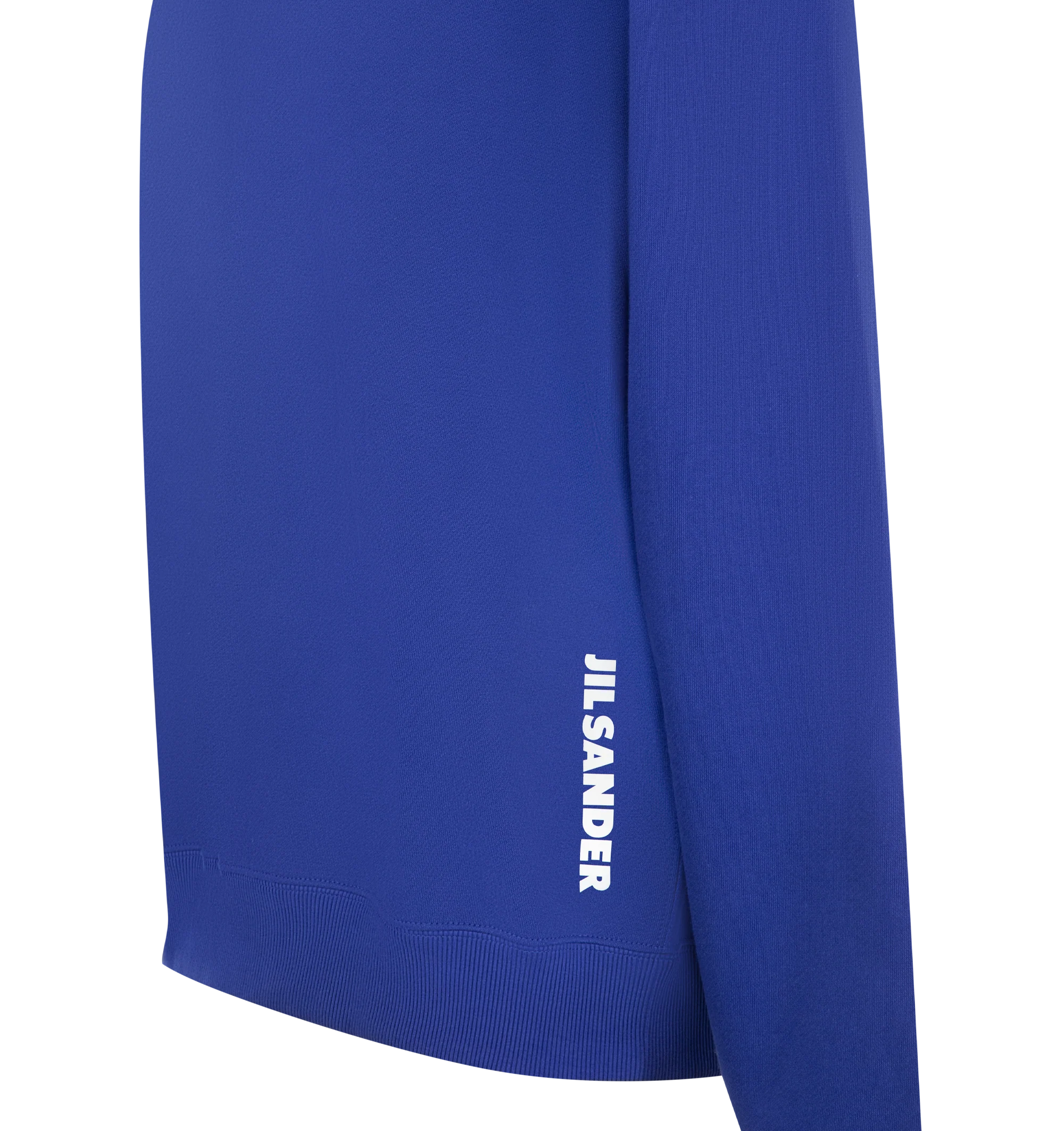 Image 3 of 3 - BLUE - Jil Sander Men's Cotton Terry Crew-Neck Sweatshirt is crafted from lightweight cotton terry and features a relaxed-fit silhouette with slightly dropped shoulders. Designed with a ribbed crew neck, hem and cuffs, and a vertical printed Jil Sander logo that reflects the brand's clean, modern aesthetic. Main Material: 100% Cotton. Made in Italy. 