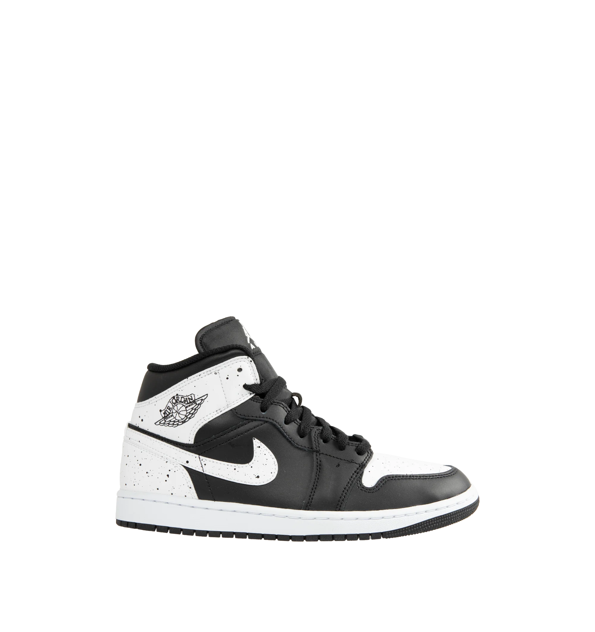 Image 1 of 5 - MULTI - Jordan Men's Air Jordan 1 Mid SE Sneakers feature a black and white upper crafted from genuine leather and textile. The mid-top silhouette is accented with a Wings logo at the collar and a Jumpman logo on the tongue, while an encapsulated Nike Air-Sole unit provides lightweight cushioning. Upper: Genuine Leather and Textile. Sole: Rubber.