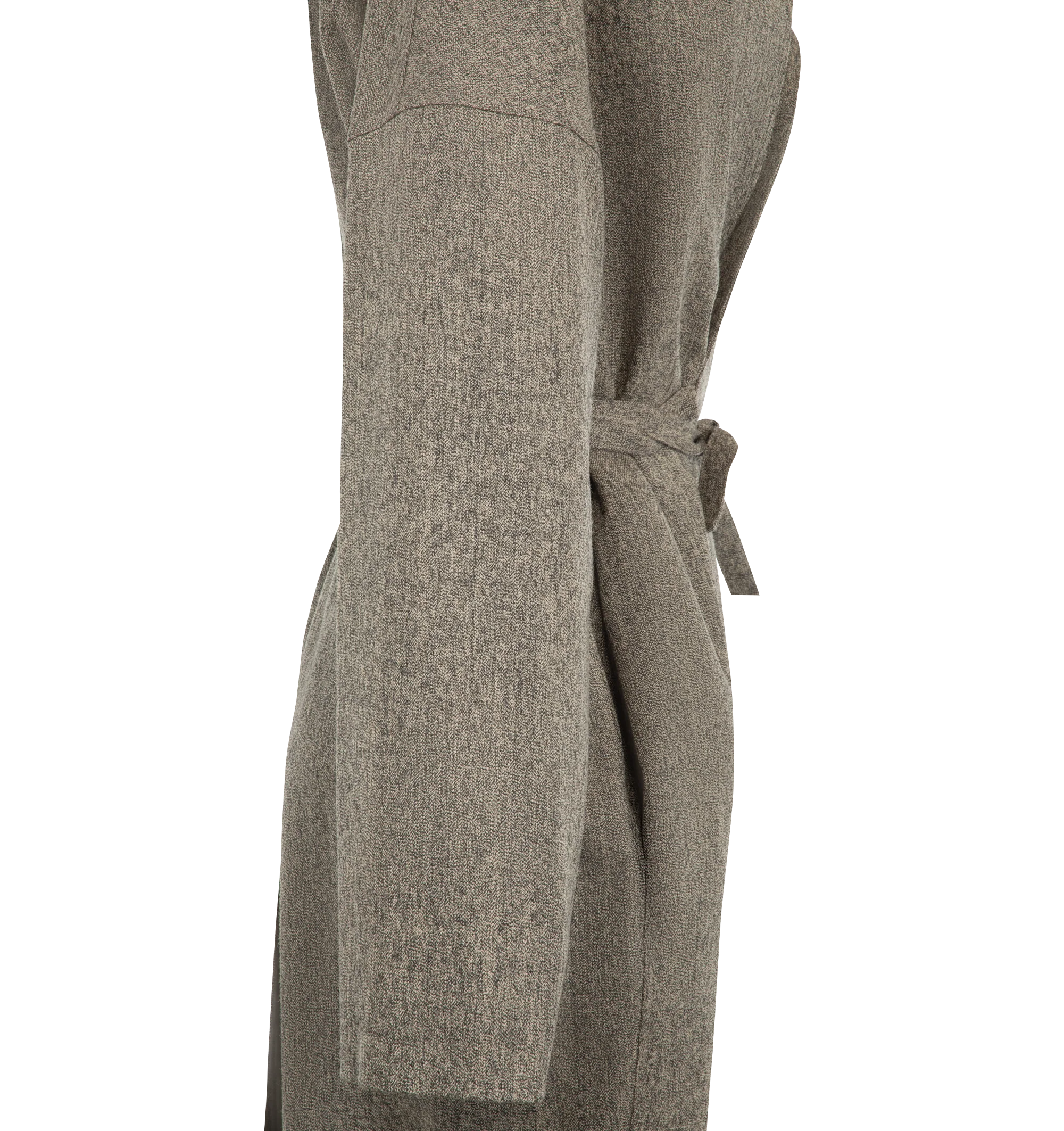 Image 3 of 3 - GREY - Rick Owens Women's Dracucollar Belted Coat is crafted from medium weight melange wool and features a below-knee silhouette with an extended draped collar and dropped shoulders. Designed with a wrap-front closure secured by an attached belt, the coat is finished with concealed forearm zip pockets, side seam pockets, a back slit, and internal zip pockets. Main Material: 100% wool. Lining: 100% cupro. 