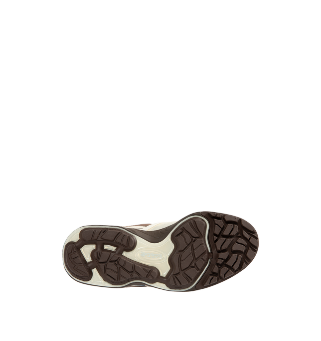 Image 4 of 5 - BROWN - NIKE Zoom Field Jaxx Sneaker featuring leather upper, suede mesh overlays, Nike patch on tongue, TPU eyelets, swoosh on lateral sides, Cactus branding on medial side, velcro closure on front, Cactus Jack smiley face logo on heel, heel pull, debossed A I R logo on rear, rope laces, wavy lines reminiscent on midsole and waffle rubber outsole.