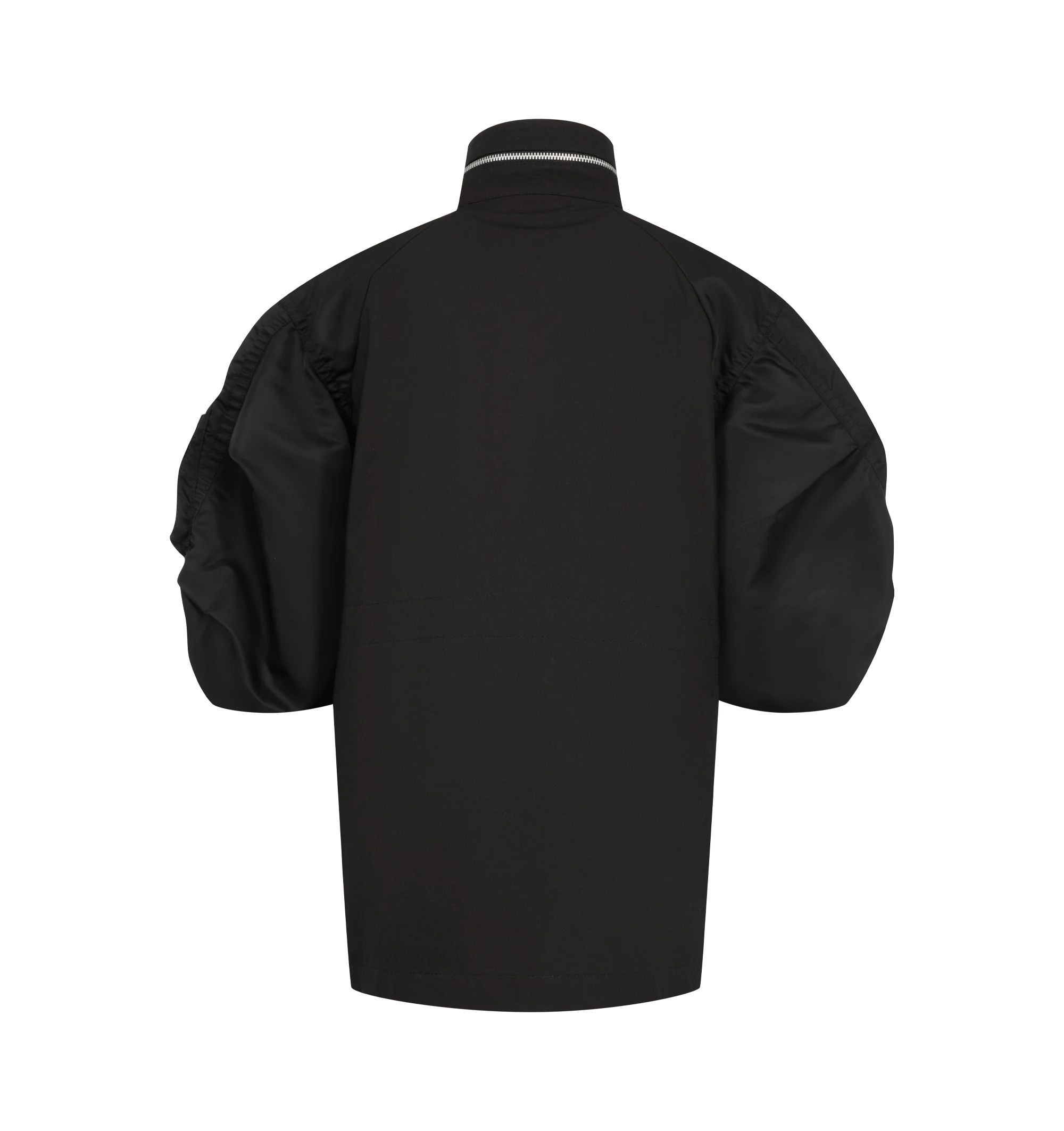 Image 2 of 4 - BLACK - Sacai oversized jacket in cotton weather cloth featuring nylon twill sleeve panels, high stand collar with zipper detail, concealed front closure, flap pockets at the chest and waist, and a sleeve zip pocket. Outer fabric is 100% cotton with 100% nylon sleeves and 100% polyester lining and fill. Made in Japan. 