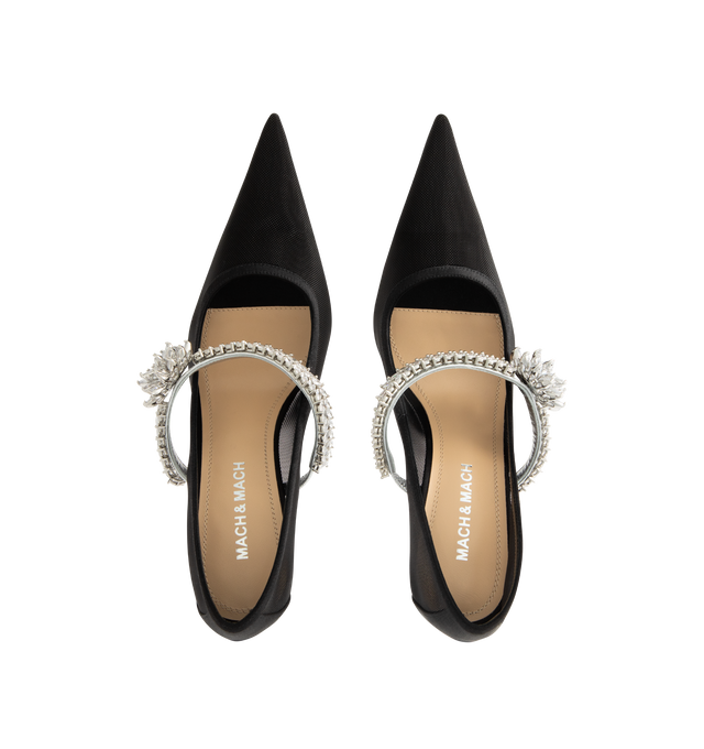 Image 4 of 4 - BLACK - MACH  MACH Lotus Flower Jewelled Mesh Pumps featuring sheer Italian mesh with a crystal strap, pointed toe and 95 mm heel. Upper: 100% Polyamide with crystal embellishment. Lining: 100% Kid Leather. Sole: 100% Calf Leather. Made in Italy. 