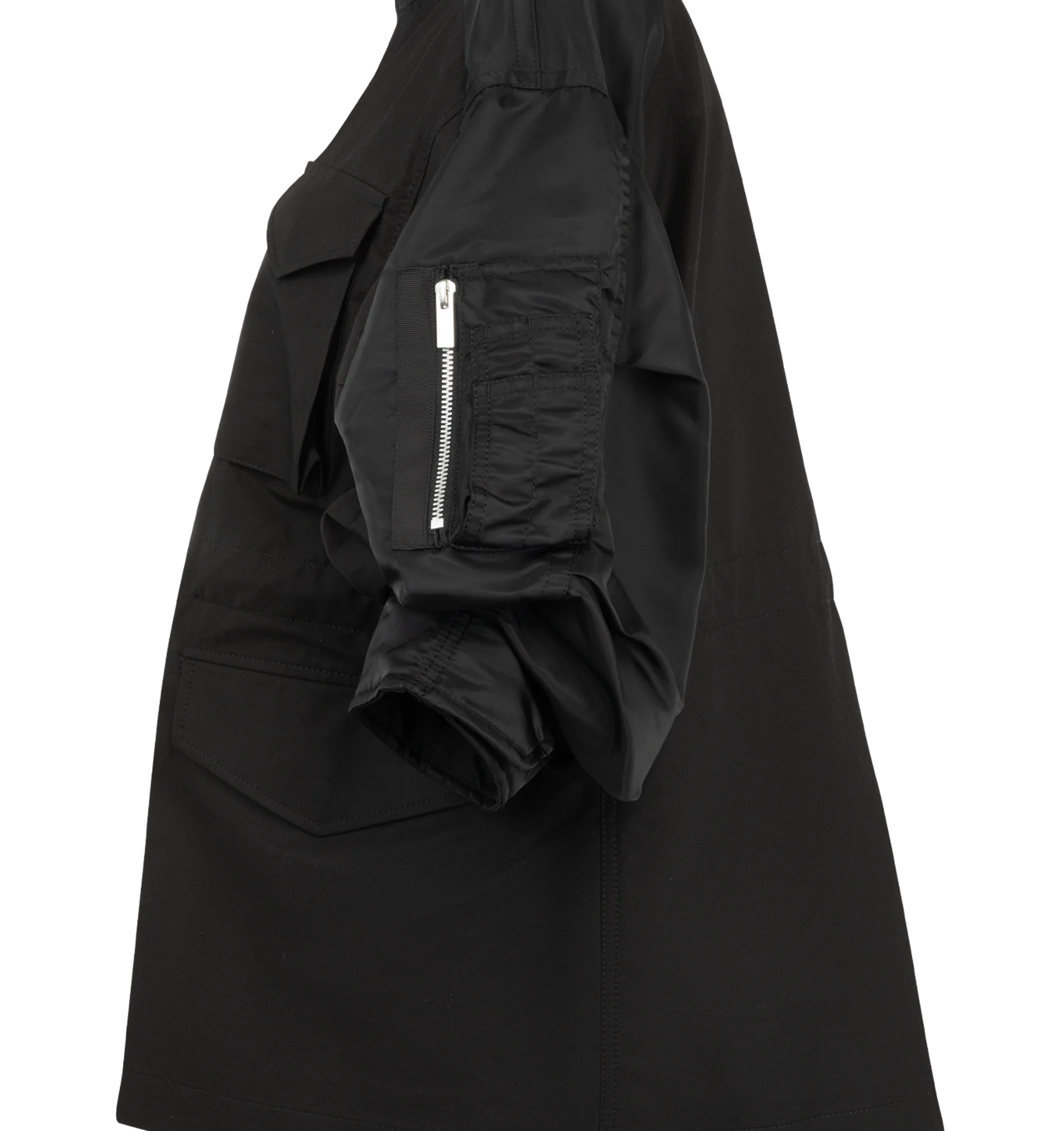 Image 3 of 4 - BLACK - Sacai oversized jacket in cotton weather cloth featuring nylon twill sleeve panels, high stand collar with zipper detail, concealed front closure, flap pockets at the chest and waist, and a sleeve zip pocket. Outer fabric is 100% cotton with 100% nylon sleeves and 100% polyester lining and fill. Made in Japan.