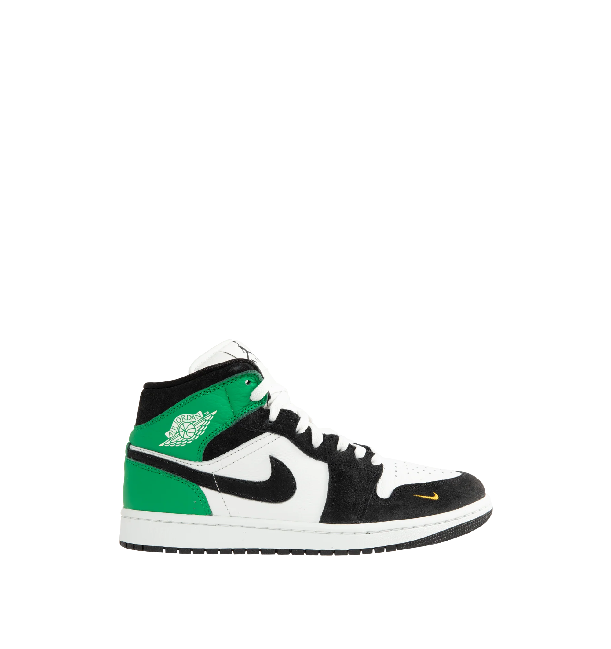 Image 1 of 5 - GREEN - Men's Air Jordan 1 Mid SE Sneakers feature a genuine leather upper with the iconic mid-top silhouette, signature Wings branding, and a stitched Swoosh for a timeless heritage look. These lifestyle sneakers combine encapsulated Air-Sole cushioning, a padded collar, and a durable rubber outsole for lightweight comfort, lasting support, and reliable traction. Main Material: Genuine Leather. Midsole: Encapsulated Air-Sole Unit. Sole: Rubber.
