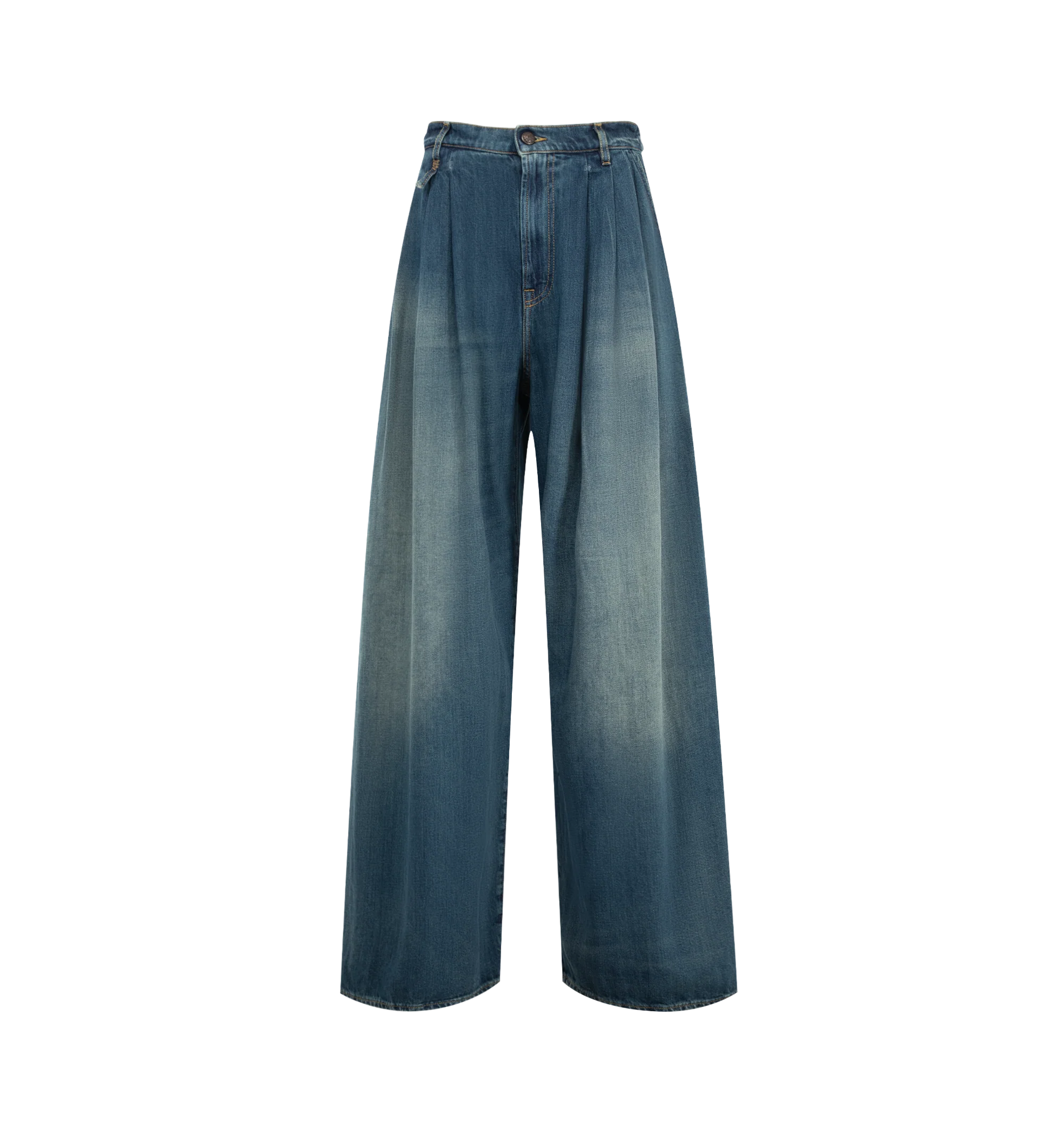 Image 1 of 3 - BLUE - R13 Womens Triple Pleat Jeans are crafted from cotton and feature an oversized wide-leg silhouette with a crossover waistband and three pleats on each side of the waist. Main Material: Cotton.