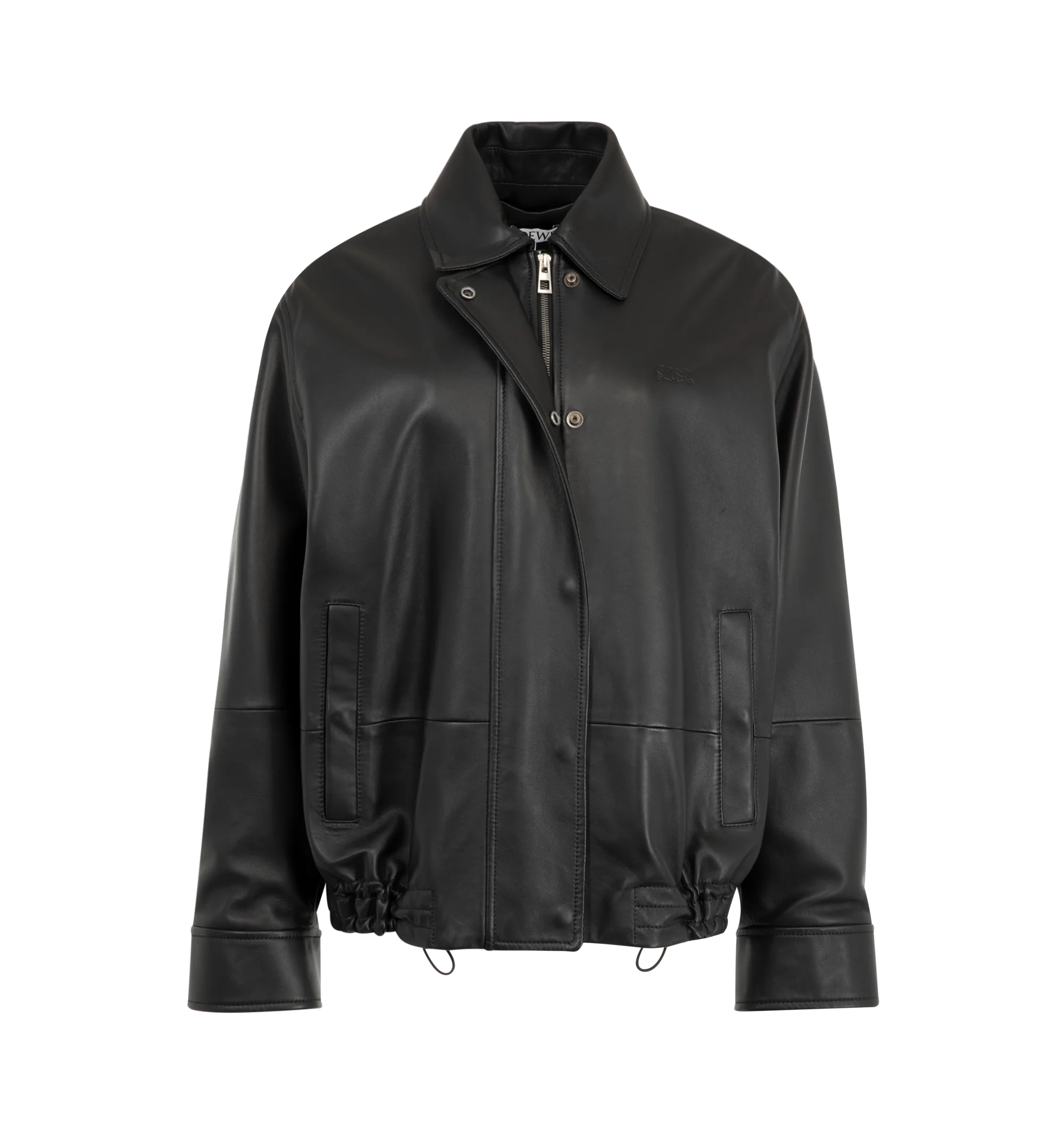 Image 2 of 4 - BLACK - Loewe Women's Drawstring Leather Jacket is crafted from lightweight nappa lambskin and features an adjustable drawstring hem. Designed with a relaxed fit and regular length, it is finished with a classic collar, concealed snap-button and zip-front fastening, snap-button cuffs, buttoned welt pockets, inside welt pockets, and a debossed Double L detail at the chest. Main Material: Nappa lambskin. Fully lined. Made in Spain.