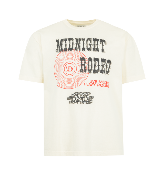 Image 1 of 2 - WHITE - MIDNIGHT RODEO Heavy Pours Tee featuring short sleeves, crew neck, front and back graphic logo detail and lightweight jersey fabric. 100% cotton. Made in USA.