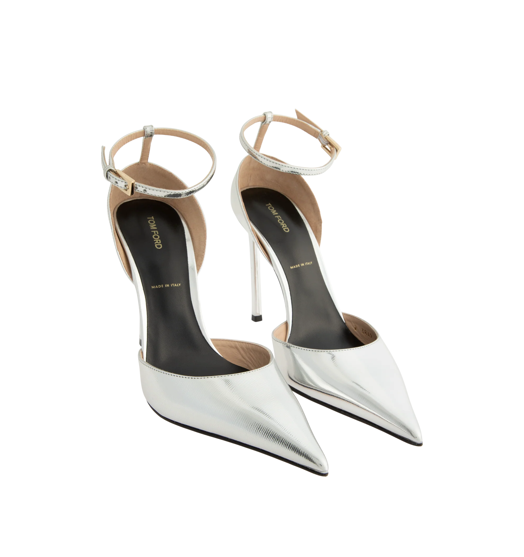 Image 2 of 4 - SILVER - Tom Ford Women's Textured Laminated Leather Ankle Strap Pump is crafted from leather and features a textured laminated finish, a sleek slingback silhouette, pointed toe, and adjustable ankle strap. The elegant profile reflects the houses refined approach to modern evening footwear, while the pointed toe enhances the streamlined design. Main Material: Leather. Upper: Textured Laminated Leather. Closure: Ankle Strap. Toe: Pointed. Silhouette: Slingback. Made in Italy.