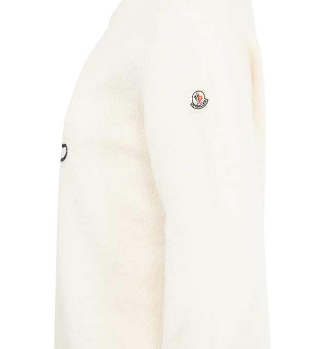 Image 3 of 3 - WHITE - MONCLER Embroidered Logo Cotton Blend Sweater featuring a cotton blend, gauge 5, crew neck, button closure at the shoulder and embroidered logo. 80% cotton, 16% polyamide/nylon, 4% elastane/spandex. Made in Italy.