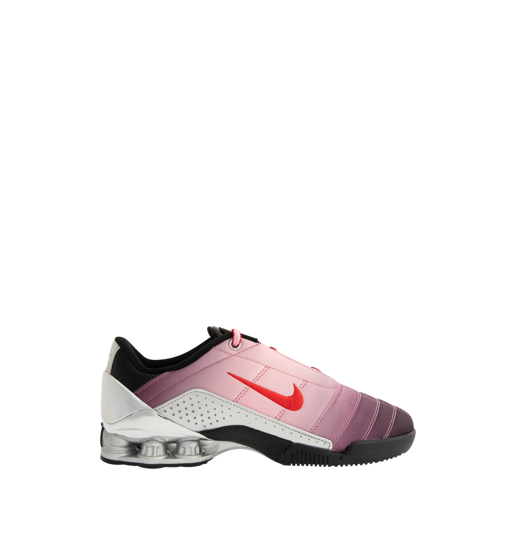 Image 1 of 5 - PINK - Nike Womens Shox Magia Sneakers feature a premium leather and textile upper. Designed with a lace-up closure, metallic accents, Nike Shox cushioning columns, and durable rubber outsole. Upper: Leather and Textile; Cushioning: Nike Shox; Outsole: Rubber. Imported