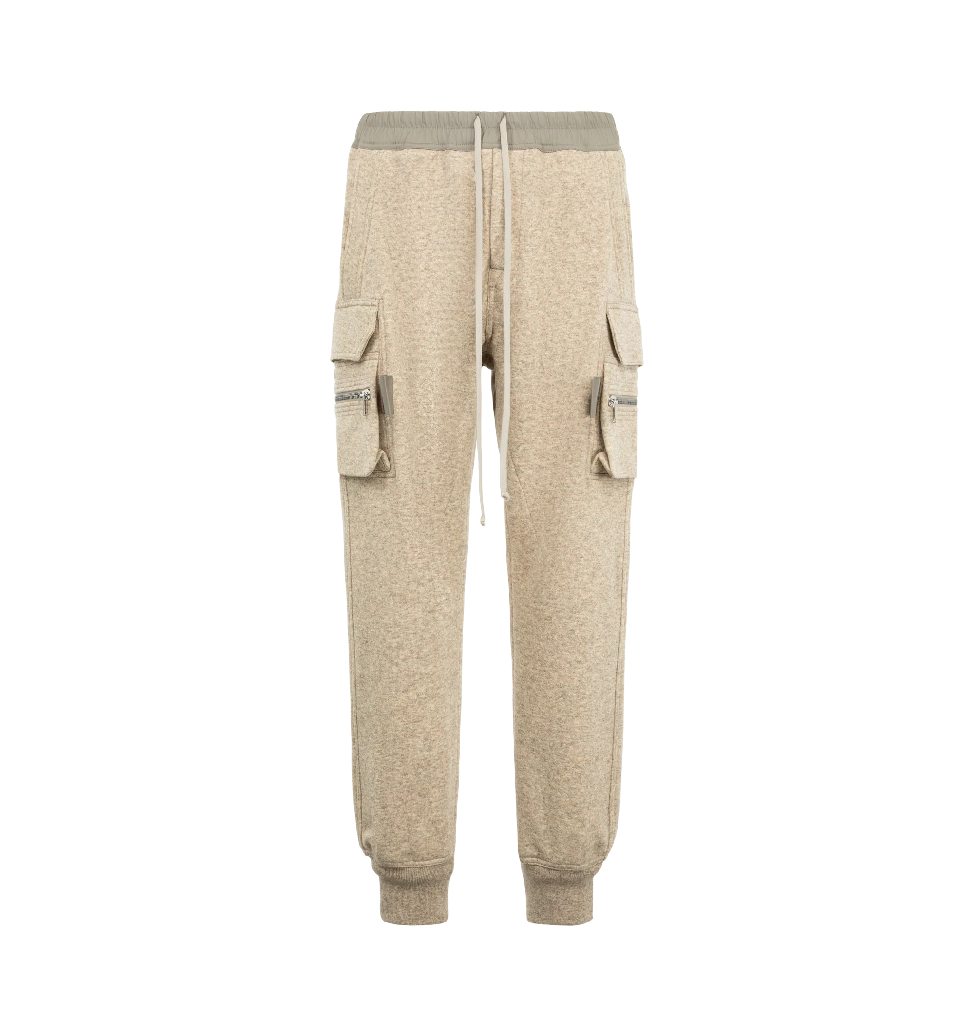 Image 1 of 3 - NEUTRAL - Rick Owens Men's Mastodon Cargo Pants are crafted from a wool and cotton blend and feature a slim cargo silhouette with an elasticized drawstring waistband. Designed with a concealed fly and button closure, the style is finished with cargo pockets on both sides for a utilitarian look. Main Material: 65% wool, 35% cotton.