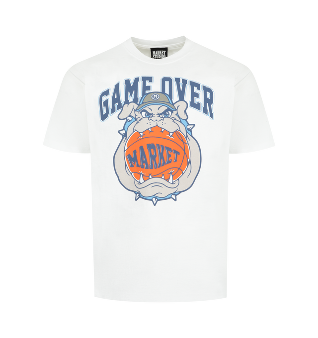 Image 1 of 2 - WHITE - MARKET Game Over T-Shirt featuring a standard fit, crew neck, short sleeve tee and a retro basketball-inspired print on the front. 100% cotton.