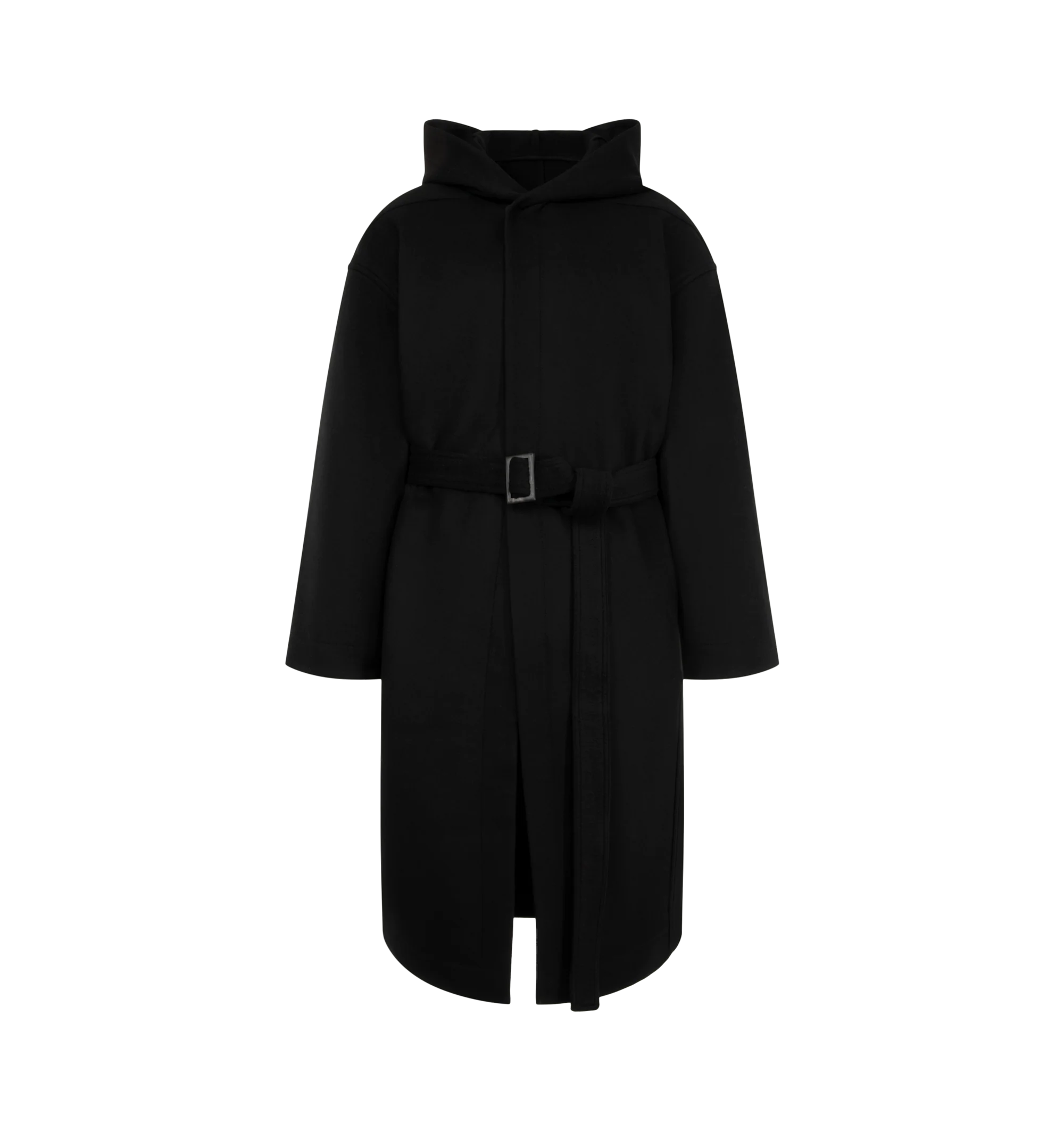 Image 1 of 3 - BLACK - Rick Owens Men's Tower Coat is crafted from heavyweight double-face cashmere and features a below-knee silhouette with a hood, dropped shoulders, and a wrap-front closure. Finished with a horn buckle belt, side seam pockets, back vent, and internal zip pockets. Main Material: 100% cashmere. Pocket Lining: 100% cotton. Buckle: 100% buffalo horn.