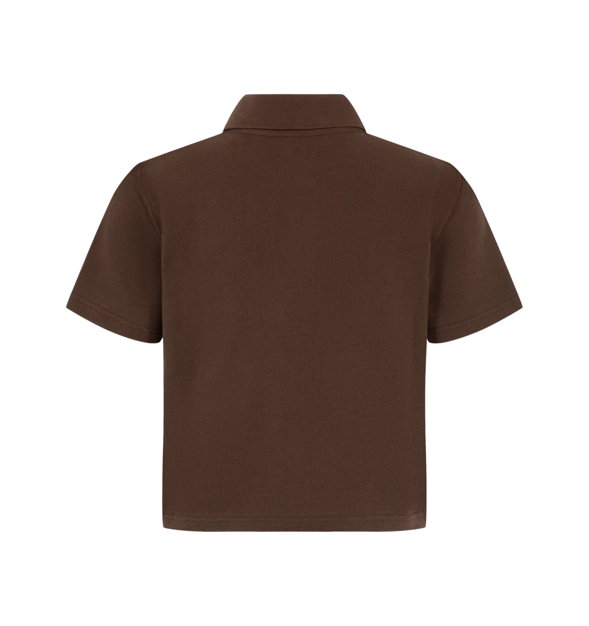 Image 2 of 2 - BROWN - Saint Laurent Women's Cropped Polo Shirt featuring short-sleeves, a tonal logo embroidery at the chest, three-button placket and polo collar. 100% cotton. Made in France.