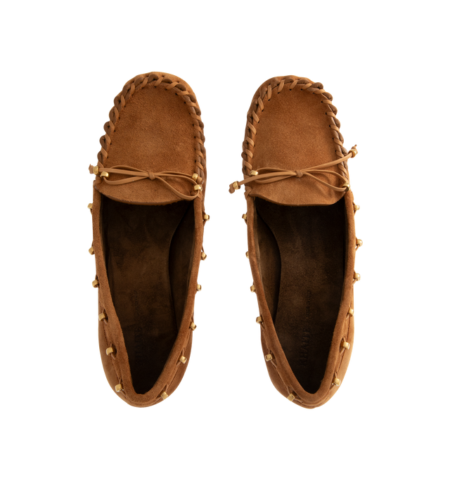 Image 4 of 4 - BROWN - KHAITE Milly Pump featuring velvety suede, tubular construction, tonal whipstitching and grommeted lacing threaded by hand with gold beads. Lined in suede. 100% calfskin.