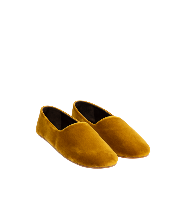 Image 2 of 4 - YELLOW - THE ROW Ponti Slipper featuring minimal slip-on shoe in plush velvet with round toe, leather lining and flexible leather sole. 100% cotton. Made in Italy. 