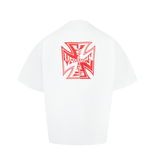 Image 2 of 2 - WHITE - VETEMENTS Double Biker Cross Logo T-shirt featuring rib-knit crewneck, logo at front and back, dropped shoulders and short sleeves. 100% cotton.