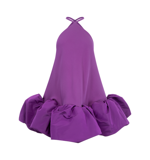 Image 1 of 2 - PURPLE - BALENCIAGA Halter Balloon Mini Dress featuring silk and wool crepe, mini length, balloon shape with draped effect and volume at the bottom, suspended look, sleeveless, thin neck straps with a button closure and 2 side slash pockets. 65% silk, 35% wool. 100% silk. Made in Italy.