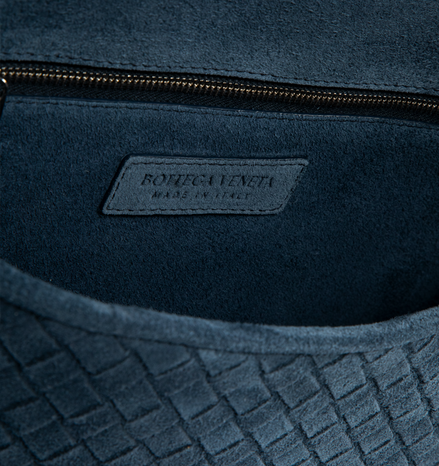 Image 3 of 3 - NAVY - BOTTEGA VENETA Veneto Flap Messenger Bag featuring intrecciato suede messenger bag with flap, one interior zipped pocket, one open pocket and flap closure. 7.3" x 10.2" x 2.0". Calfskin. Lining: suede. Made in Italy.