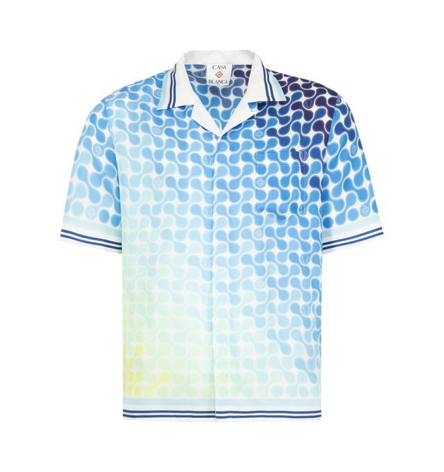 Image 1 of 2 - BLUE - CASABLANCA Tennis Tile Short-Sleeve Shirt featuring geometric print, notched collar, short sleeves, button fastening, chest patch pocket and relaxed fit. 100% silk. Made in Italy.