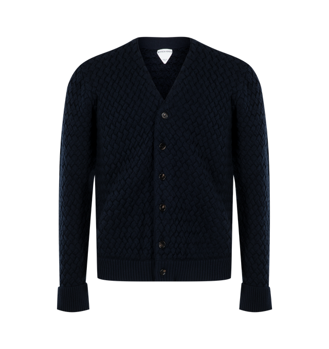 Image 1 of 2 - BLUE - Bottega Veneta Mens Intrecciato Wool Cardigan is crafted from soft wool knit with a 3D Intrecciato pattern. Features a button-front closure and relaxed fit. Main Material: Wool. Made in Italy.