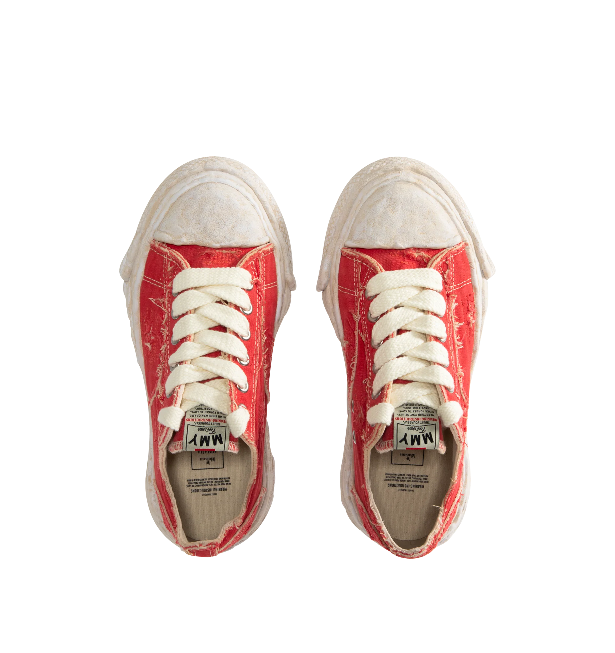 Image 5 of 5 - RED - Maison Mihara Yasuhiro Men's Peterson23 Sneakers feature the brand's signature hand-sculpted OG sole, a ripped overdye canvas upper, and a relaxed low-top silhouette for a bold contemporary look. Designed for the Spring/Summer 2026 collection, these designer sneakers combine Maison Mihara Yasuhiro's experimental aesthetic with a wider fit, layered overdye finish, distressed detailing, and a three-dimensional rubber toe cap that echoes the sculptural sole. Intentional fading and distress