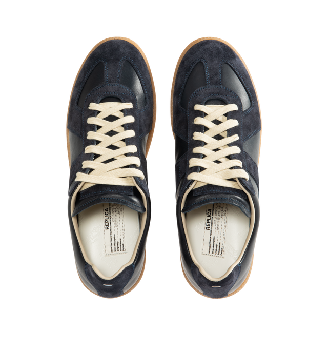 Image 5 of 5 - NAVY - MAISON MARGIELA High Quality Luxury Sneakers featuring lace-up sneakers in buffed nappa calfskin and calfskin suede, contrasting sole, Maison Margiela logo label on the tab, internal High Quality Luxury label, internal elastic and all-over Maison Margiela logo insole. 100% calf leather. Sole: 100% rubber. Made in Italy. 