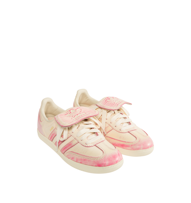 Image 2 of 5 - PINK - ADIDAS Samba Long Tongue Sneaker featuring a smooth leather upper that reveals a distressed look, elongated tongue, regular fit, lace closure, leather upper, synthetic lining and rubber outsole.