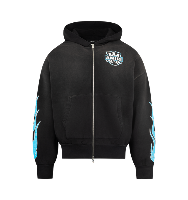 Image 1 of 3 - BLACK - AMIRI MA Flames Zip Hoodie featuring front zip closure, attached hood, front slant pockets, front and back printed logo, intentional fading and heavyweight knit fabric with fleece lining. 100% cotton. Made in Italy.