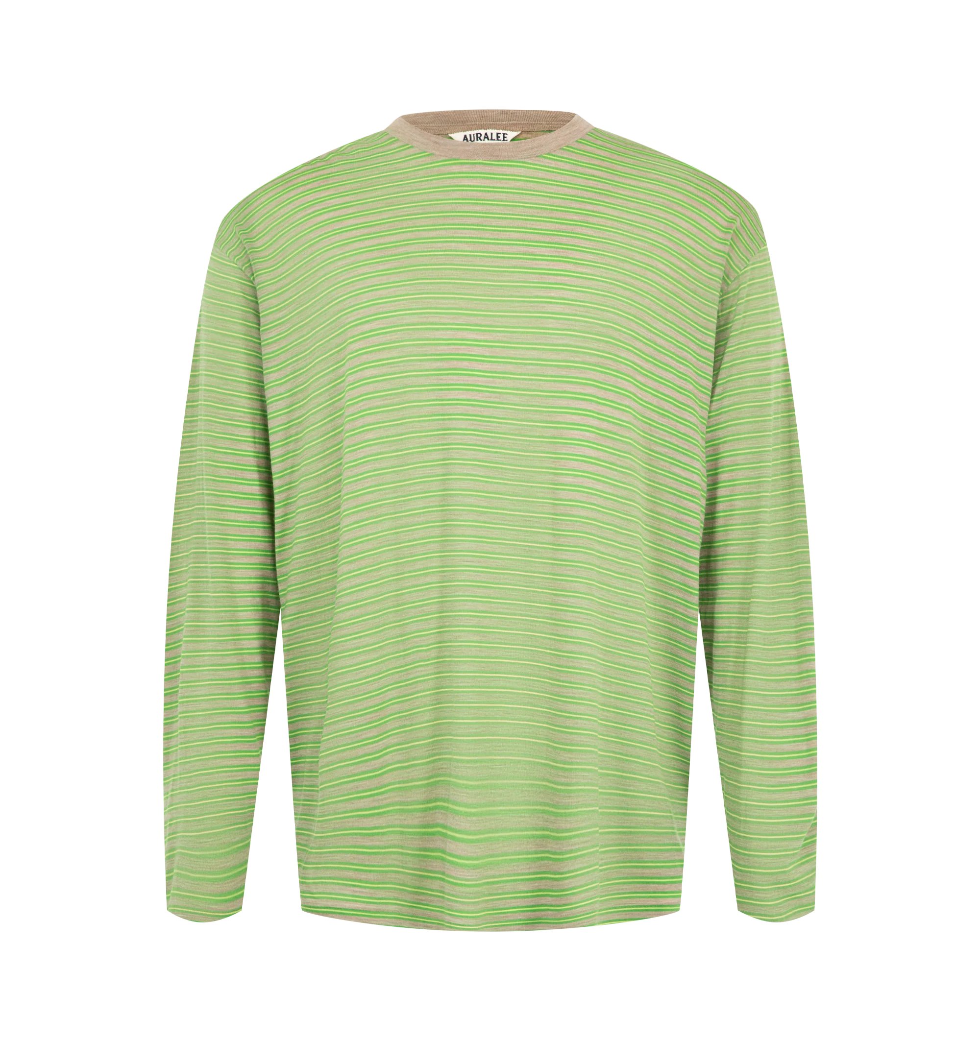 Image 1 of 2 - GOLD - Auralee Men's Soft Smooth Wool Stripe Long-Sleeve T-Shirt is crafted from 15.5-micron merino wool jersey and features a multicolored striped design. The fabric has a natural sheen with an exceptionally smooth, soft, and fluid hand. Cut in a regular fit. Main Material: 100% Wool.