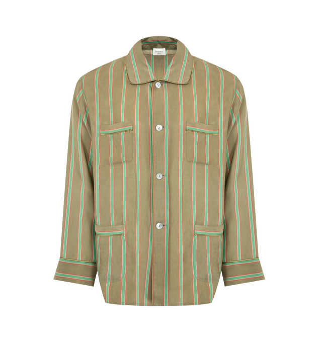 Image 1 of 2 - GREEN - SAINT LAURENT Pajama Top featuring long-sleeves, a shark collar, front pockets, piped trim, front button closure and straight hem. 100% cupro. Made in Italy.