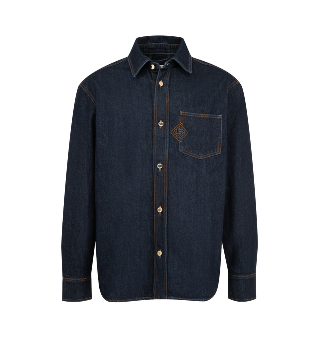 Image 1 of 2 - BLUE - CASABLANCA Raw Denim Shirt featuring long-sleeves, single breast pocket, a point collar, button closure, branded gold-plated hardware, a box pleat in the back and an embroidered CC logo. 100% cotton. Made in Portugal.