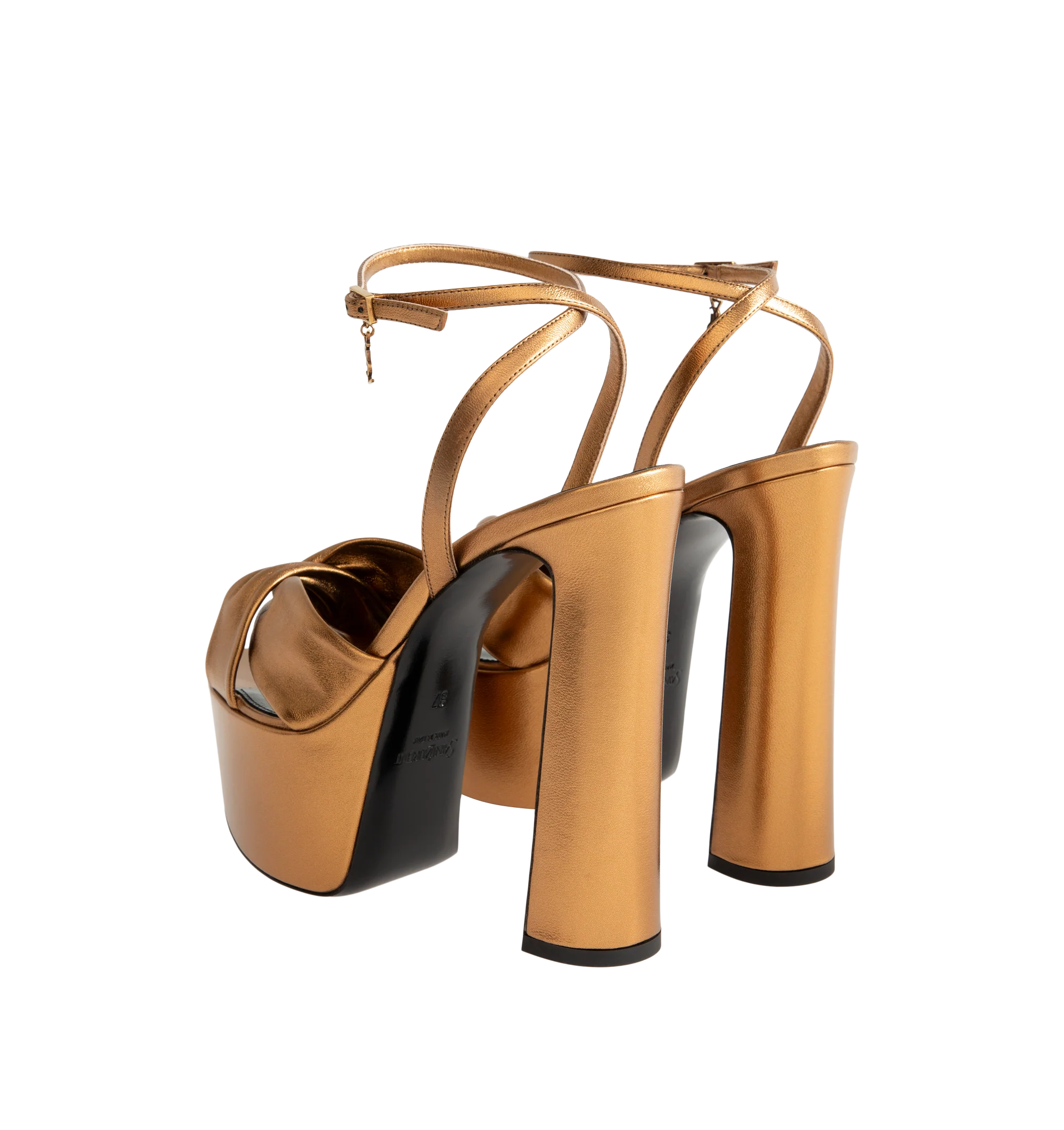 Image 3 of 4 - GOLD - Saint Laurent Womens Platform Sandals are crafted from calfskin leather. Feature a twisted crisscross toe, adjustable ankle strap with CASSANDRE charm, block heel, leather sole, and 13.9 cm heel height, 8.5 cm arch height and 5.4 cm platform height. Main Material: Calfskin Leather; Hardware: Brass; Sole: Leather. Made in Italy.
