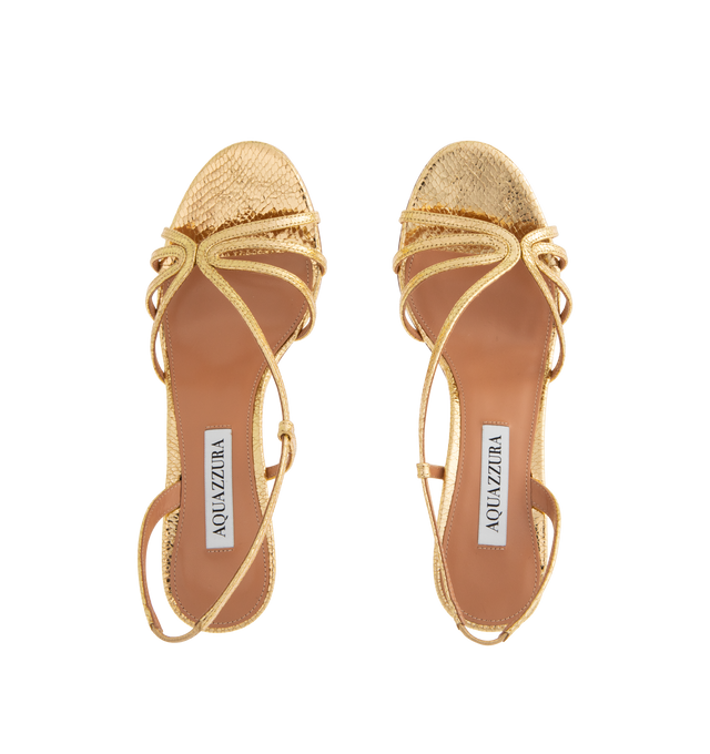 Image 4 of 4 - GOLD - AQUAZZURA Talk To Me Sandal 75 featuring slingback strap, stiletto heel, leather insole and signature logo detailing. Leather. 75 mm. Made in Italy. 