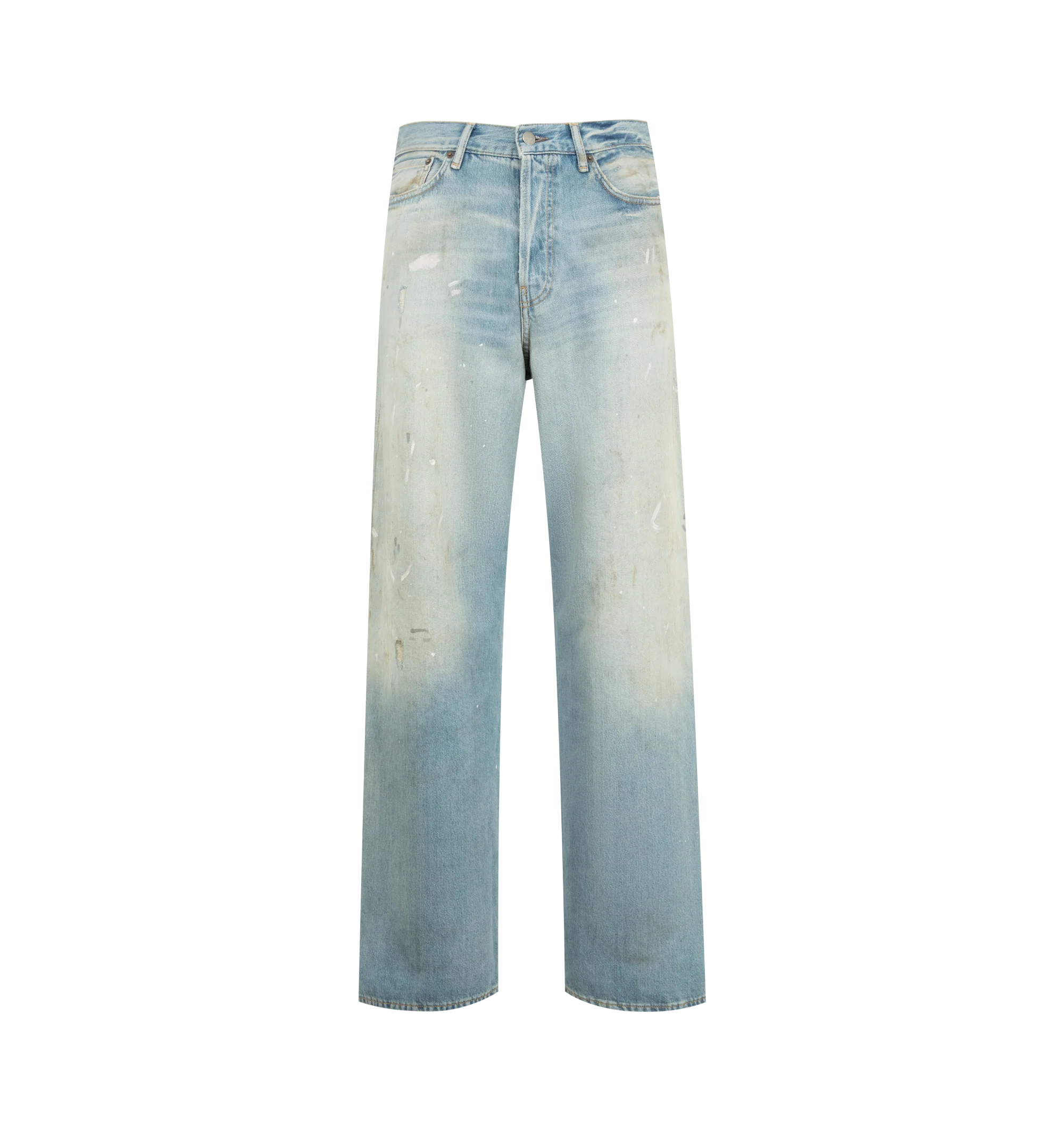 Image 1 of 3 - BLUE - Acne Studios men's 1981 Pale Blue Vintage Jeans are crafted from non-stretch slubby denim and feature a loose-fit silhouette with a low-to-mid rise and wide baggy leg. Finished with a light wash for an authentic worn-in look, these jeans are designed with a long length, classic five-pocket construction, and a button fly closure. Made from organically grown cotton. Main Material: 100% Cotton. Patch: 100% Cow Leather.