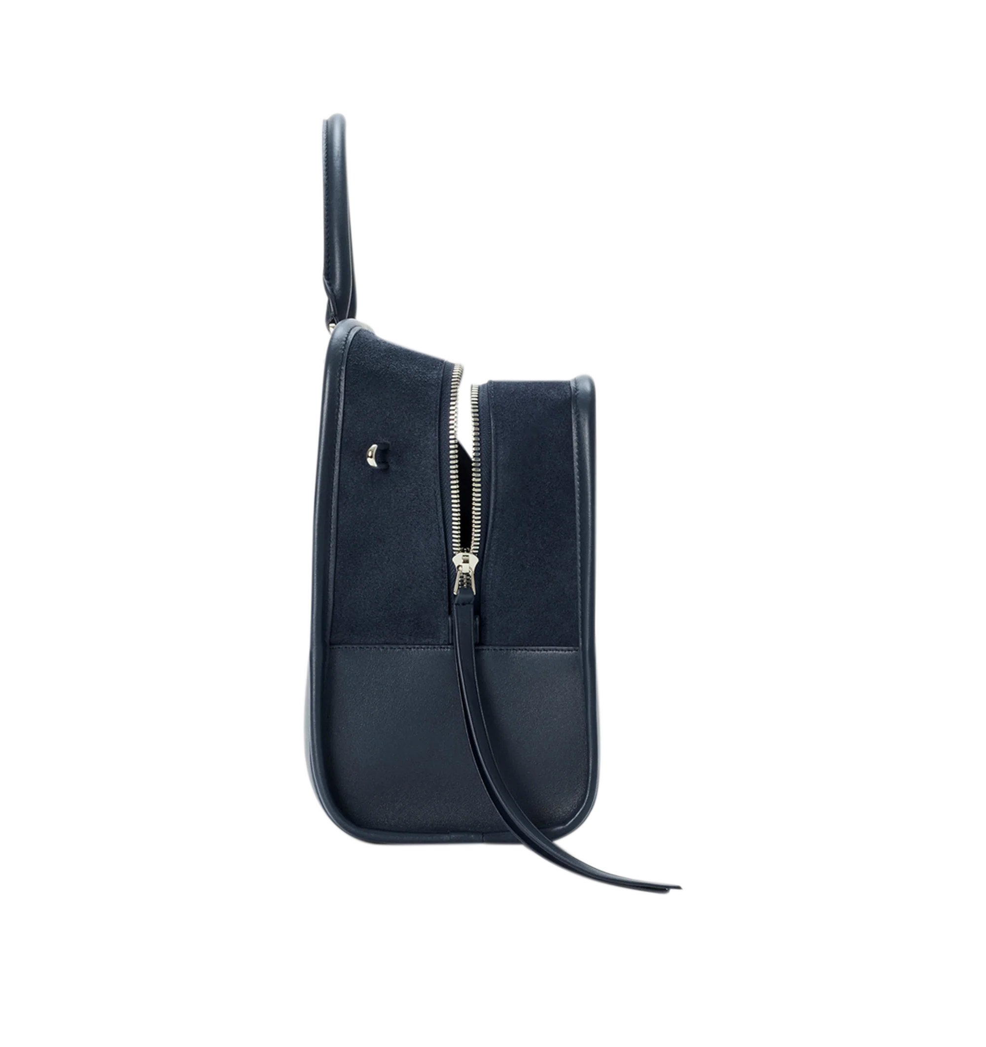 Image 7 of 16 - NAVY - Loewe Large Amazona 180 Bag in suede featuring a relaxed silhouette anchored by a single toron top handle, designed to be carried open while a concealed closure secures the main compartment, removable shoulder and crossbody straps, zip closure with two leather zip pullers, two compartments, main compartment closed with magnetic closure, internal flat pocket, left side d-ring for customization, suede and nappa lambskin lining, embossed LOEWE and embossed double L branding. Suede/calf.