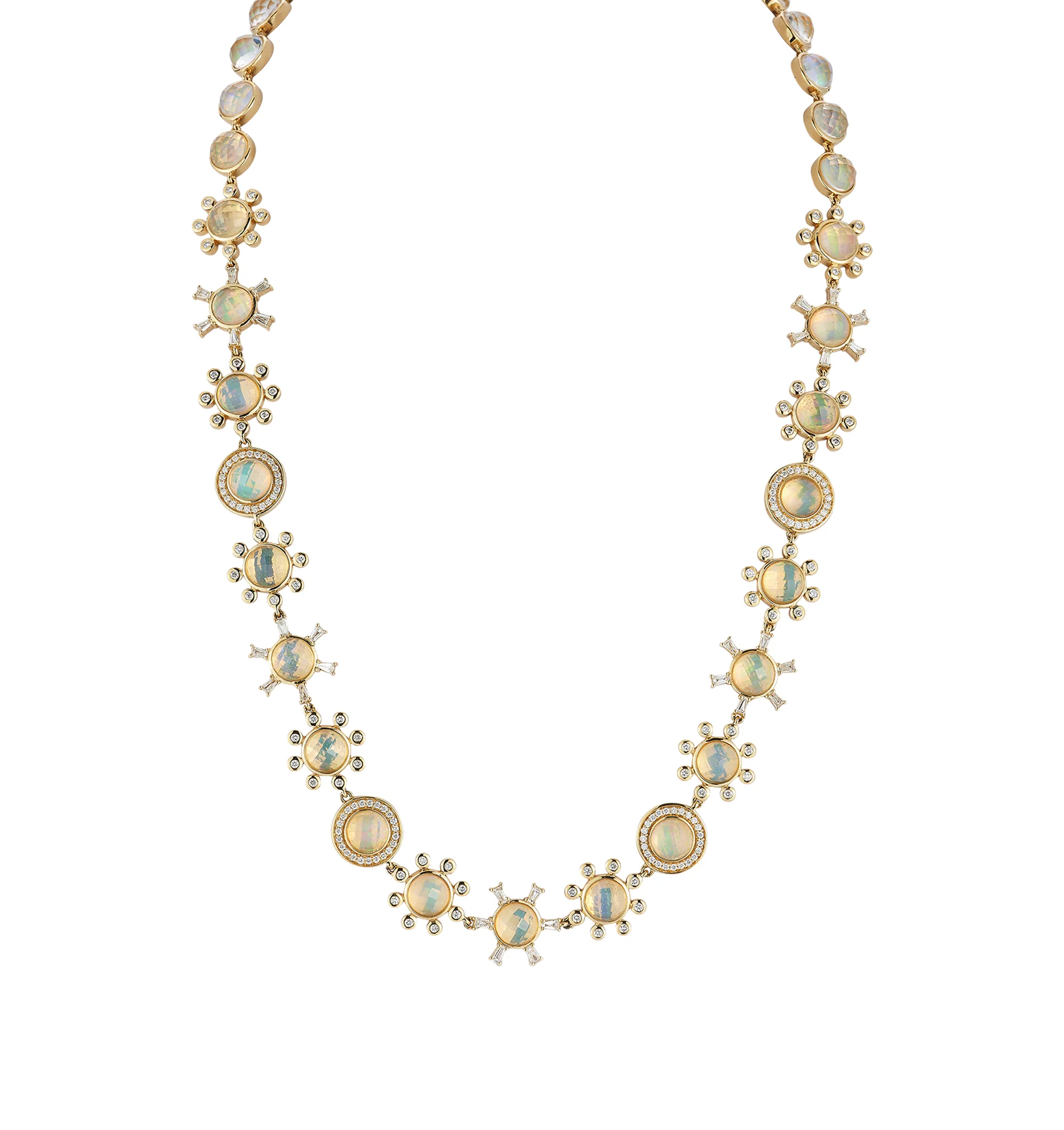 Image 2 of 2 - GOLD - Renna Women's Galaxy Necklace is crafted in 18K gold and features faceted rock crystal backed with luminous Australian opal, creating a striking galaxy-inspired effect accented by brilliant diamonds. This designer fine jewelry necklace combines exceptional craftsmanship with celestial elegance, offering an adjustable chain for versatile styling. Main Material: 18K Gold. Gemstones: Approximately 2.0 TCW Diamonds, 34.0 TCW Australian Opal. Adjustable Length: 1617 in.For personal consulta