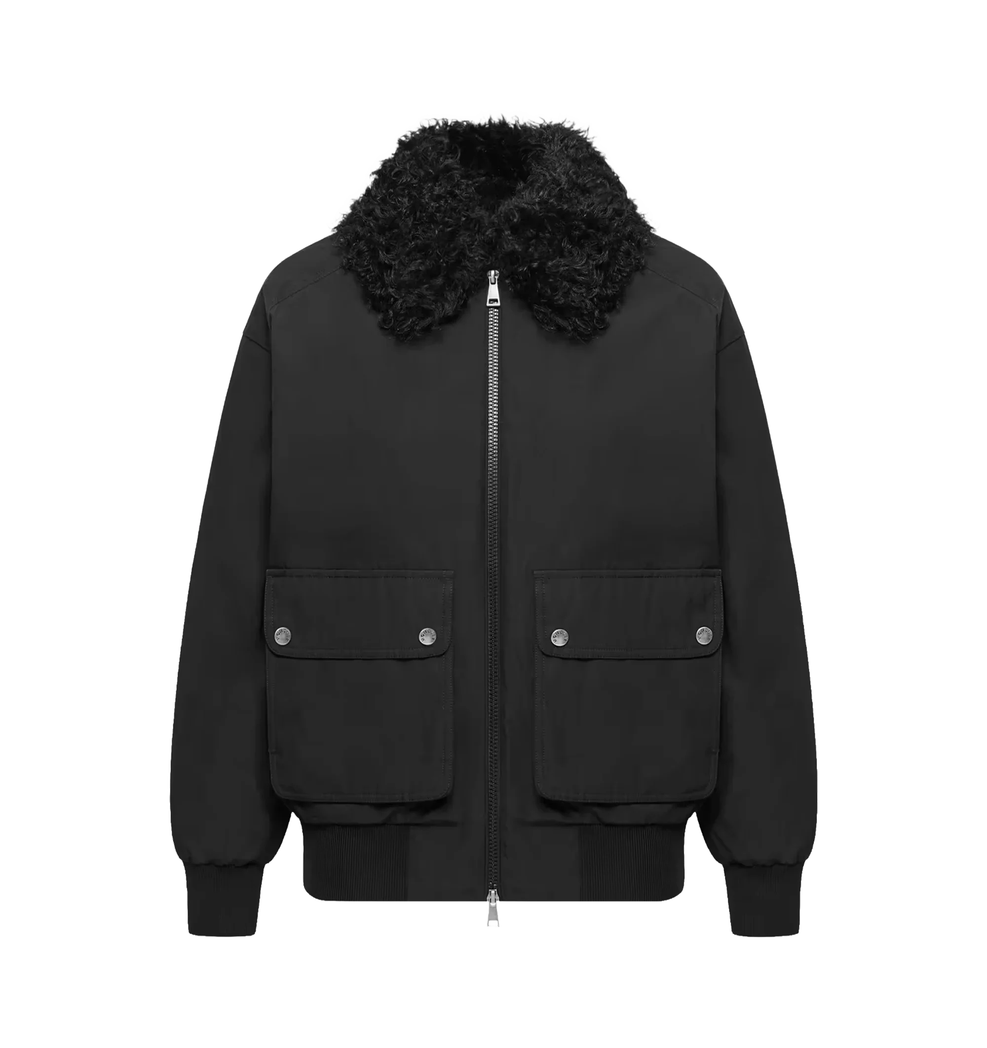 Image 1 of 1 - BLACK - Moncler Women's Rougequeue Hooded Short Down Jacket is crafted from a waxed cotton blend and features a loose, short puffer silhouette with a detachable shearling collar for a refined contrast of texture and warmth. Designed with long sleeves, ribbed knit cuffs and hem, a snap-button front closure, snap-button pockets, and a signature logo patch, this designer down jacket combines functional cold-weather construction with elevated detailing. Exterior: 51% Polyester, 49% Cotton. Ribs: