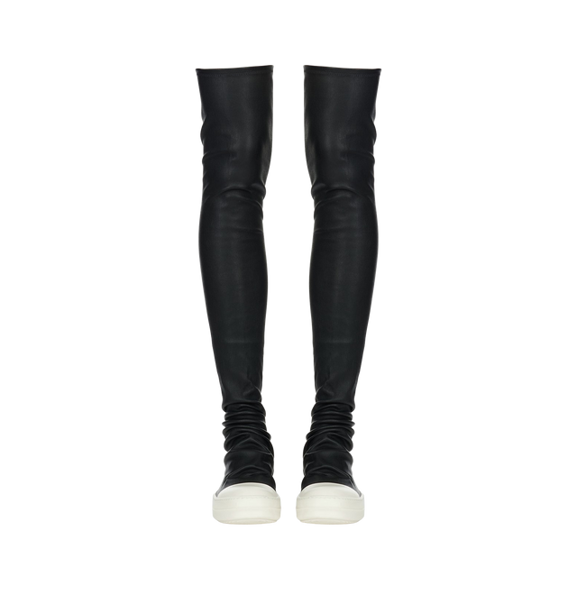 Image 2 of 3 - BLACK - RICK OWENS Knee High Stocking Sneaks featuring knee-high stretch grained lambskin-blend, gathering throughout, calfskin cap toe, bonded jersey and buffed calfskin lining and treaded rubber sole. Upper: lambskin, textile. Sole: rubber. Made in Italy. 